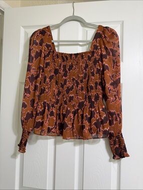 Nine West Rust and Deep Brown Smocked Square-Neck Long Sleeve Blouse
